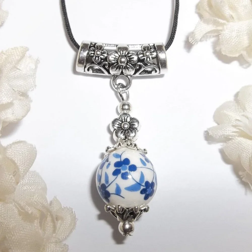 Necklace, Pendant, Blue Necklace, Flower Necklace, Blue Flower Necklace, 8011 - Picture 1 of 9